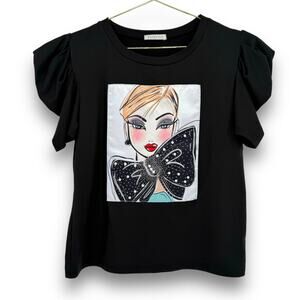 Y2K Vintage Coquette Graphic T Shirt, Fashion Girl Bow Balloon Sleeve L Pearl